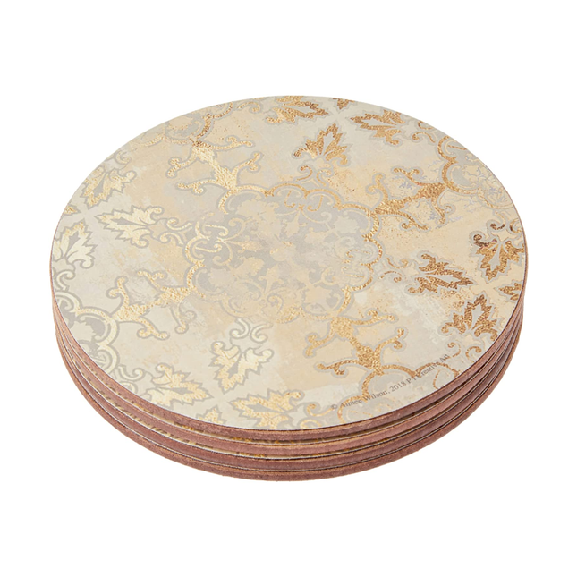 Creative Tops C000279 Cork-Backed Coasters Set with Printed 'Gold Impressions' Design, Round, Gold / Grey, 12 cm, Set of 4