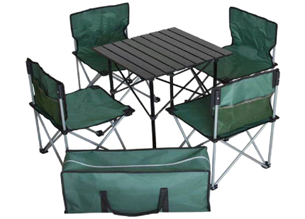 A SET OF 4 FOLDABLE STAINLESS STEEL OUTDOOR TABLES AND CHAIRS
