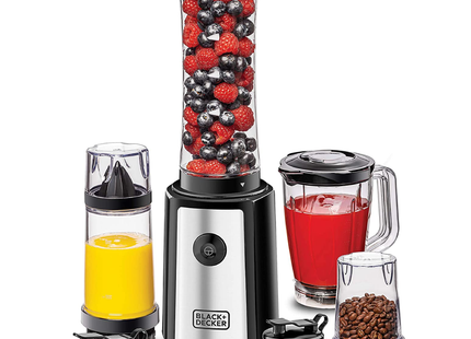 BLACK+DECKER 300W 16 PIECE 4-IN-1 PERSONAL COMPACT SPORTS BLENDER/SMOOTHIE MAKER WITH CITRUS JUICER & GRINDER MILL, SILVER/BLACK - SBX300BCG-B5