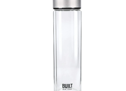 BUILT TIEMPO INSULATED GLASS WATER BOTTLE, BPA FREE BOROSILICATE GLASS / STAINLESS STEEL FLASK, SILVER, 450ML