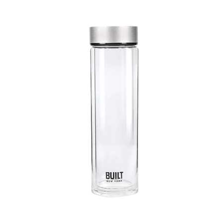 BUILT TIEMPO INSULATED GLASS WATER BOTTLE, BPA FREE BOROSILICATE GLASS / STAINLESS STEEL FLASK, SILVER, 450ML