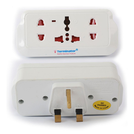 3 WAY UNIVERSAL T SOCKET WITH ONE 3 PIN AND TWO 2 PIN SOCKETS 3 PIN FLAT PLUG