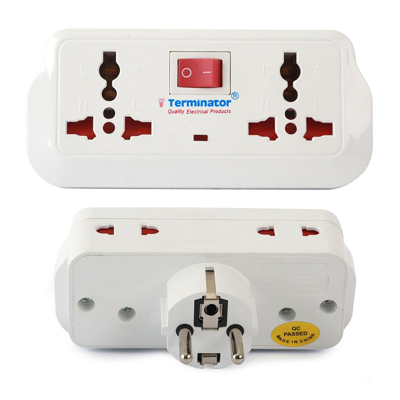2 WAY UNIVERSAL T SOCKET WITH TWO 3 PIN AND TWO 2 PIN SOCKETS WITH ONE SWITCH SCHUKO PLUG 16A