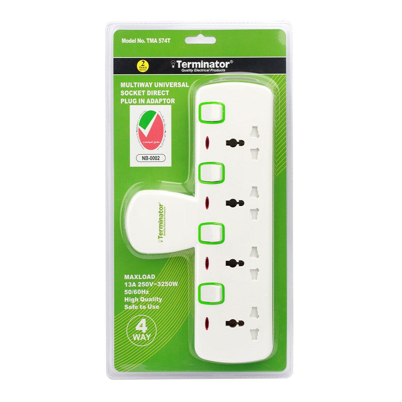 4 WAY UNIVERSAL T-SOCKET MULTI ADAPTOR WITH INDIVIDUAL SWITCHES & INDICATORS 13A