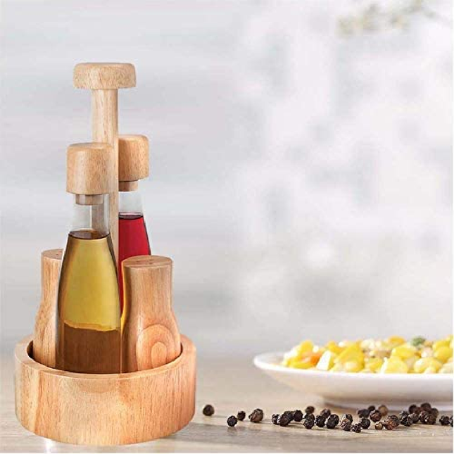 Oil and vinegar glass with wooden base from Bailey