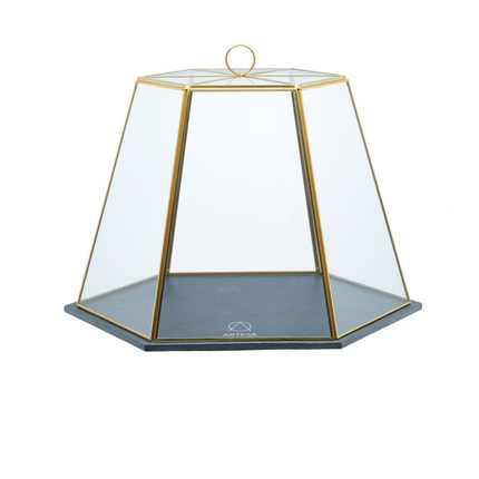 ARTESà GEOMETRIC GLASS CHEESE / CAKE DOME WITH SLATE SERVING BOARD, 31 X 27.5 X 25 CM (12" X 11" X 10") - BRASS EFFECT