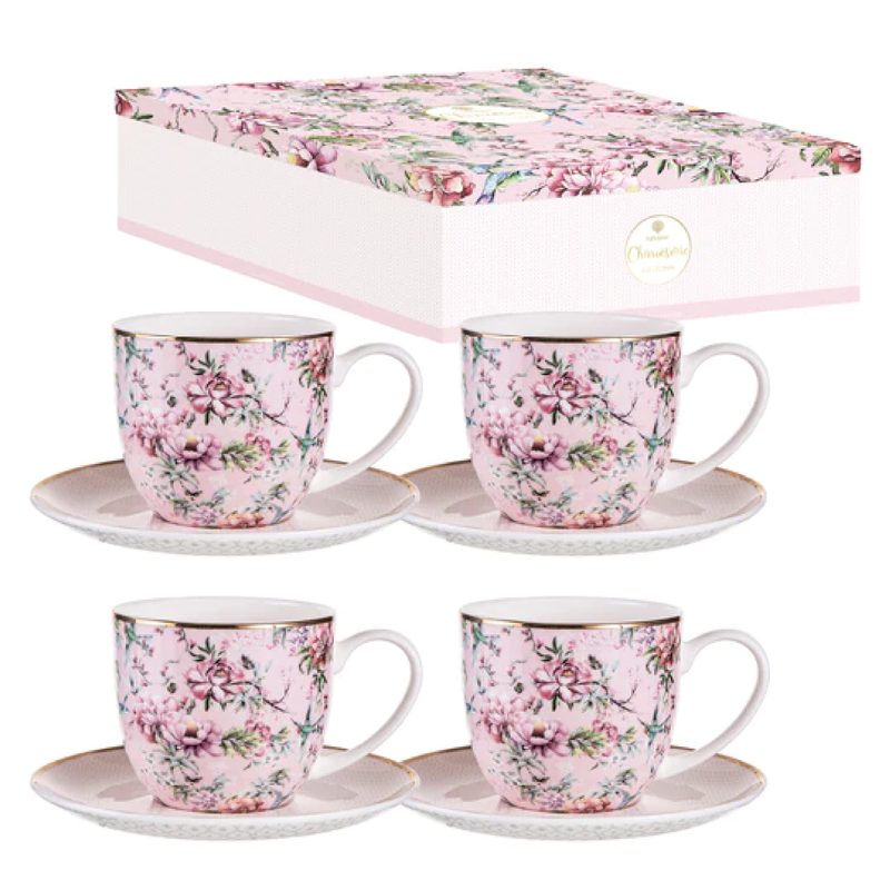 CHINOISERIE PINK CUP & SAUCER SET OF 4